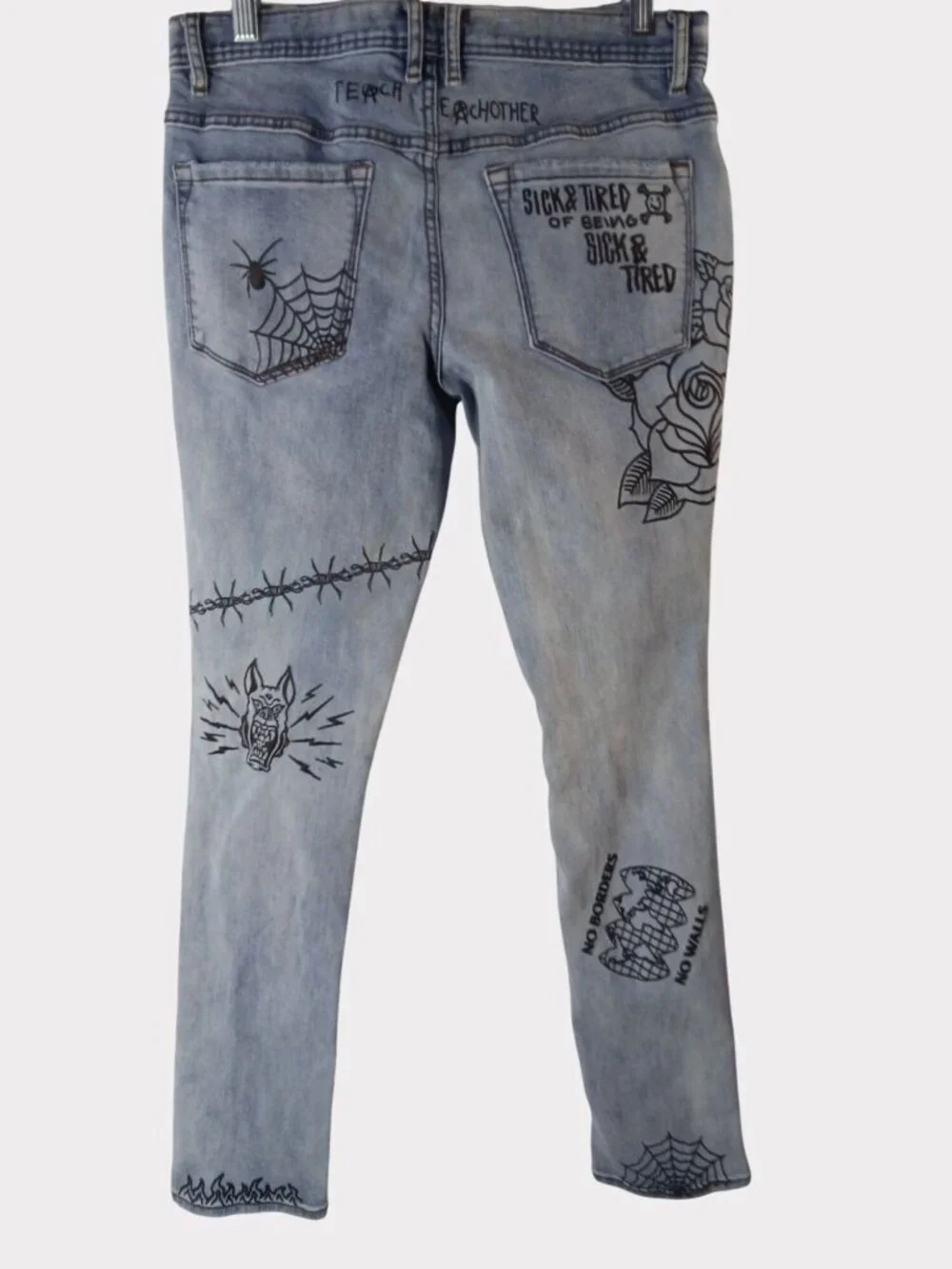Ninth Hall Rogue Mens Printed Light Aged Skinny Jeans Size 32 Distressed Graphic